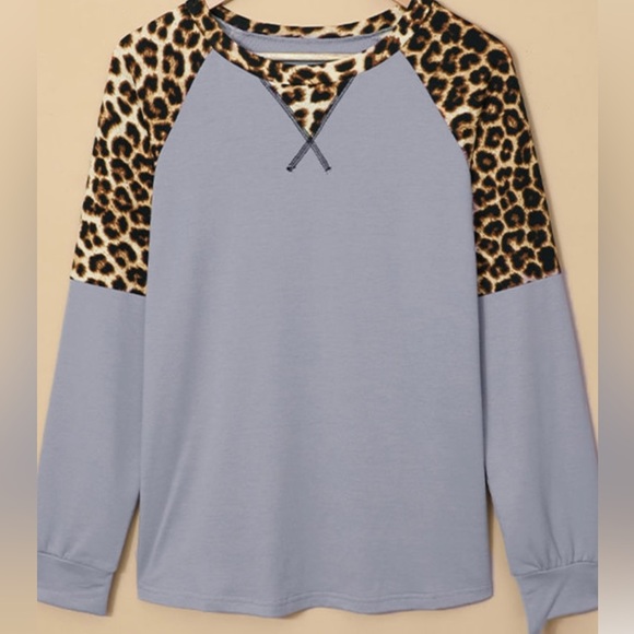 Tops - GRAY Leopard Stitching Long Sleeve Top